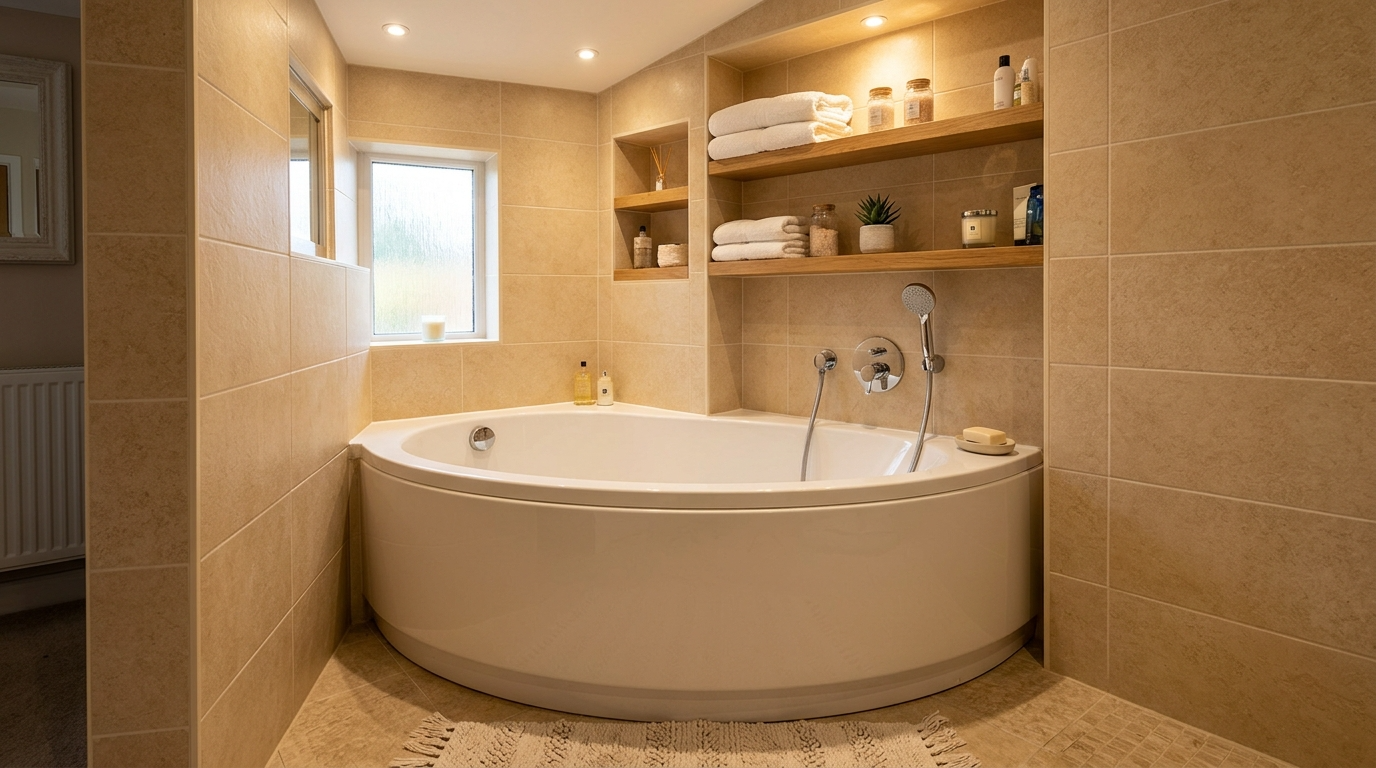 Add recessed shelving or a niche to reduce surface clutter